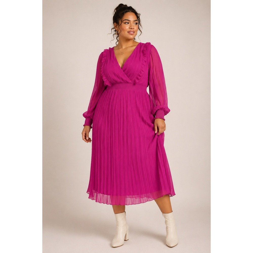 Eloquii Pleated Chiffon Ruffle Midi Dress 14‎ Magenta Fuchsia V-Neck Long Sleeve